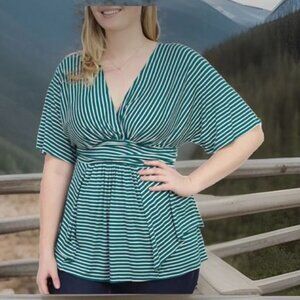 Kiyonna Top Promenade Style 1X Green White Stripes Flutter Sleeves V Neckline